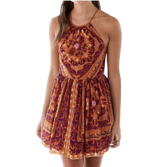 Ecoté Urban Outfitters Halter Top Mini Dress Open Back Magenta Orange Women’s 6 - Picture 1 of 16